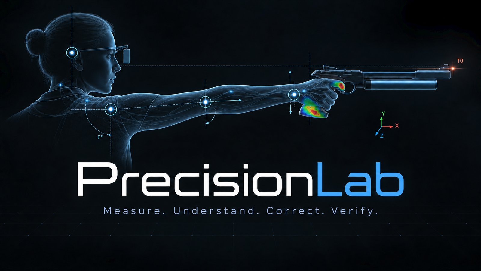 PrecisionLab. Measure. Understand. Correct. Verify. A precision pistol shooter with grip pressure mapping on the hand and motion tracking points across the arm and pistol.